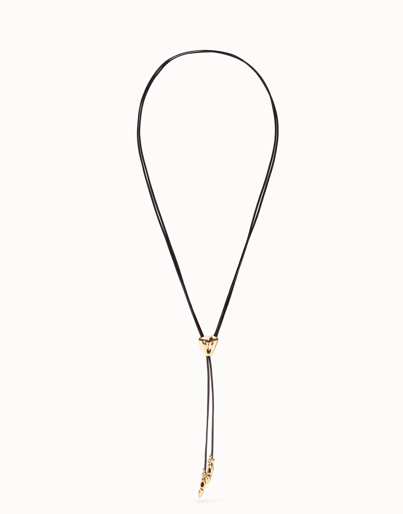 Long adjustable leather necklace with  a heart, Golden, large thumbnail